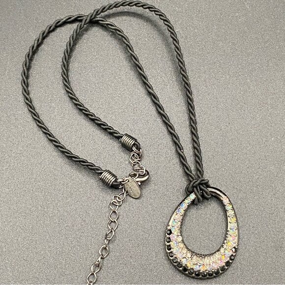 Lia Sophia Retired Black Cord Necklace w/ Sparkly Crystal Teardrop Oval Pendant - Picture 11 of 16